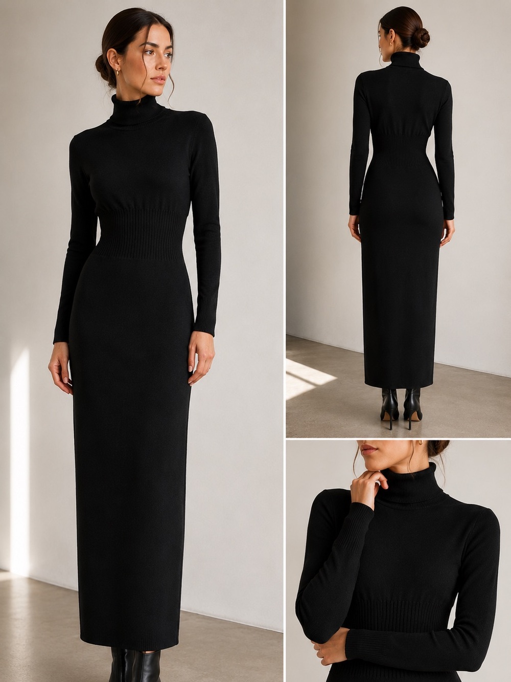 Wolford Black Long Sleeve Wool & Cotton Midi Dress